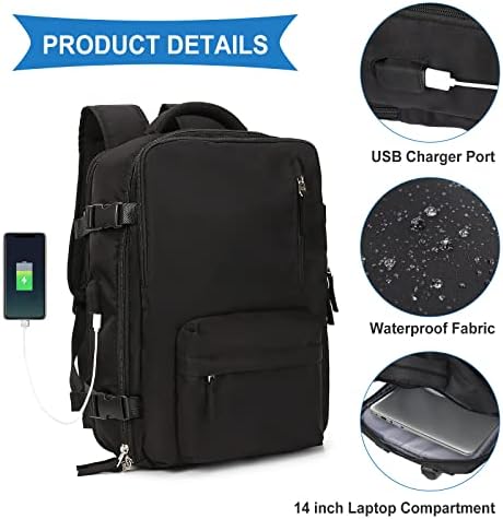 Large Travel Backpack Women, Carry On Backpack,Hiking Backpack Waterproof Outdoor Sports Rucksack Casual Daypack Fit 14 Inch Laptop with USB Charging Port Shoes Compartment, Black - Image 5