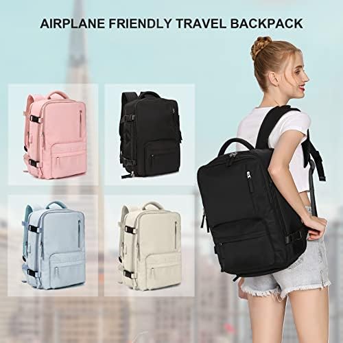 Large Travel Backpack Women, Carry On Backpack,Hiking Backpack Waterproof Outdoor Sports Rucksack Casual Daypack Fit 14 Inch Laptop with USB Charging Port Shoes Compartment, Black - Image 6