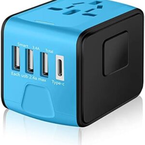 SAUNORCH Travel Adapter Worldwide, Universal International Power Plug Adapter W/2.4A 3xUSB-A and 3.0A Type-C Wall Charger, European Travel Plug Adapter for Europe UK EU US CA AU Italy Asia-Blue