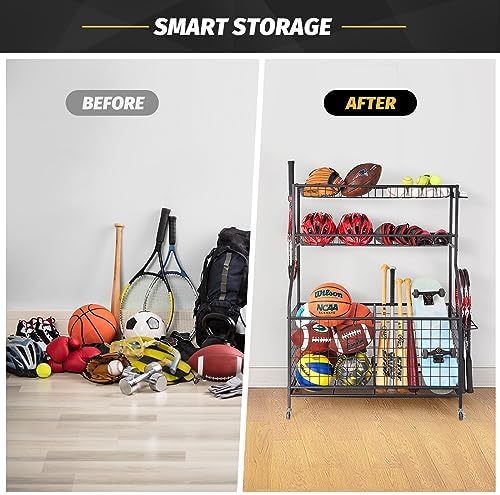 TNINE Sports Equipment Garage Organizer, Garage Toy Organizer, Rolling Ball Storage Cart for Indoor/Outdoor Use, Sport Gear Rack, Holds Basketballs, Baseball Bats, Footballs, Tennis Rackets and More - Image 3