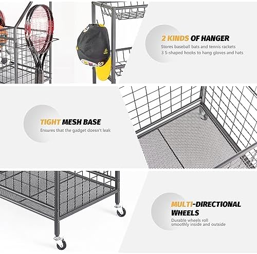 TNINE Sports Equipment Garage Organizer, Garage Toy Organizer, Rolling Ball Storage Cart for Indoor/Outdoor Use, Sport Gear Rack, Holds Basketballs, Baseball Bats, Footballs, Tennis Rackets and More - Image 7