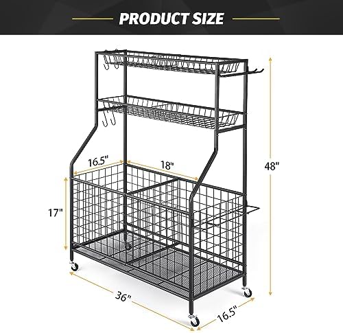 TNINE Sports Equipment Garage Organizer, Garage Toy Organizer, Rolling Ball Storage Cart for Indoor/Outdoor Use, Sport Gear Rack, Holds Basketballs, Baseball Bats, Footballs, Tennis Rackets and More - Image 4