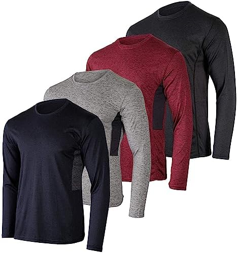Real Essentials 4 Pack: Men's Dry-Fit Moisture Wicking Performance Long Sleeve T-Shirt, UV Sun Protection Outdoor Active Top