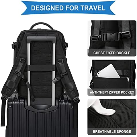 Large Travel Backpack Women, Carry On Backpack,Hiking Backpack Waterproof Outdoor Sports Rucksack Casual Daypack Fit 14 Inch Laptop with USB Charging Port Shoes Compartment, Black - Image 4