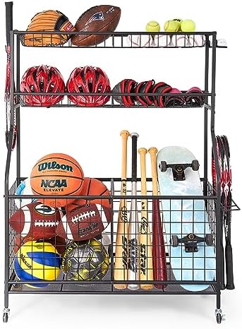 TNINE Sports Equipment Garage Organizer, Garage Toy Organizer, Rolling Ball Storage Cart for Indoor/Outdoor Use, Sport Gear Rack, Holds Basketballs, Baseball Bats, Footballs, Tennis Rackets and More