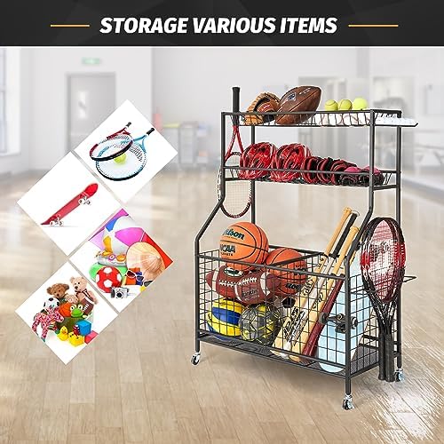TNINE Sports Equipment Garage Organizer, Garage Toy Organizer, Rolling Ball Storage Cart for Indoor/Outdoor Use, Sport Gear Rack, Holds Basketballs, Baseball Bats, Footballs, Tennis Rackets and More - Image 2