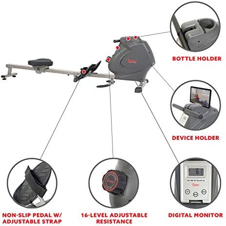 Sunny Health & Fitness Multi-Function Premium Magnetic Rowing Machine, Bicep Curls, Upward Rows, Seated Rows, Foldable Slide Rails, Digital Monitor and Optional Bluetooth with Exclusive SunnyFit App - Image 3