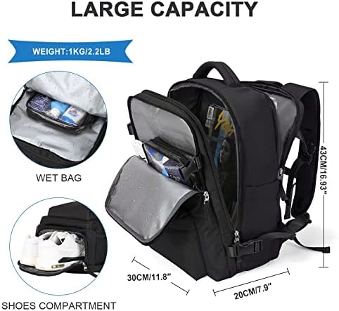 Large Travel Backpack Women, Carry On Backpack,Hiking Backpack Waterproof Outdoor Sports Rucksack Casual Daypack Fit 14 Inch Laptop with USB Charging Port Shoes Compartment, Black - Image 3