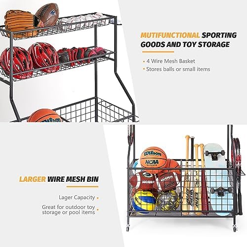 TNINE Sports Equipment Garage Organizer, Garage Toy Organizer, Rolling Ball Storage Cart for Indoor/Outdoor Use, Sport Gear Rack, Holds Basketballs, Baseball Bats, Footballs, Tennis Rackets and More - Image 6