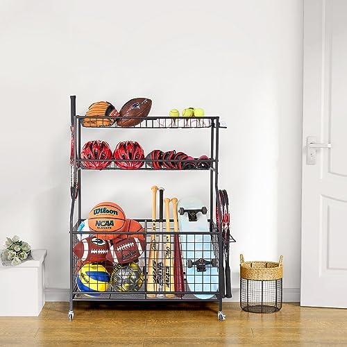 TNINE Sports Equipment Garage Organizer, Garage Toy Organizer, Rolling Ball Storage Cart for Indoor/Outdoor Use, Sport Gear Rack, Holds Basketballs, Baseball Bats, Footballs, Tennis Rackets and More - Image 8