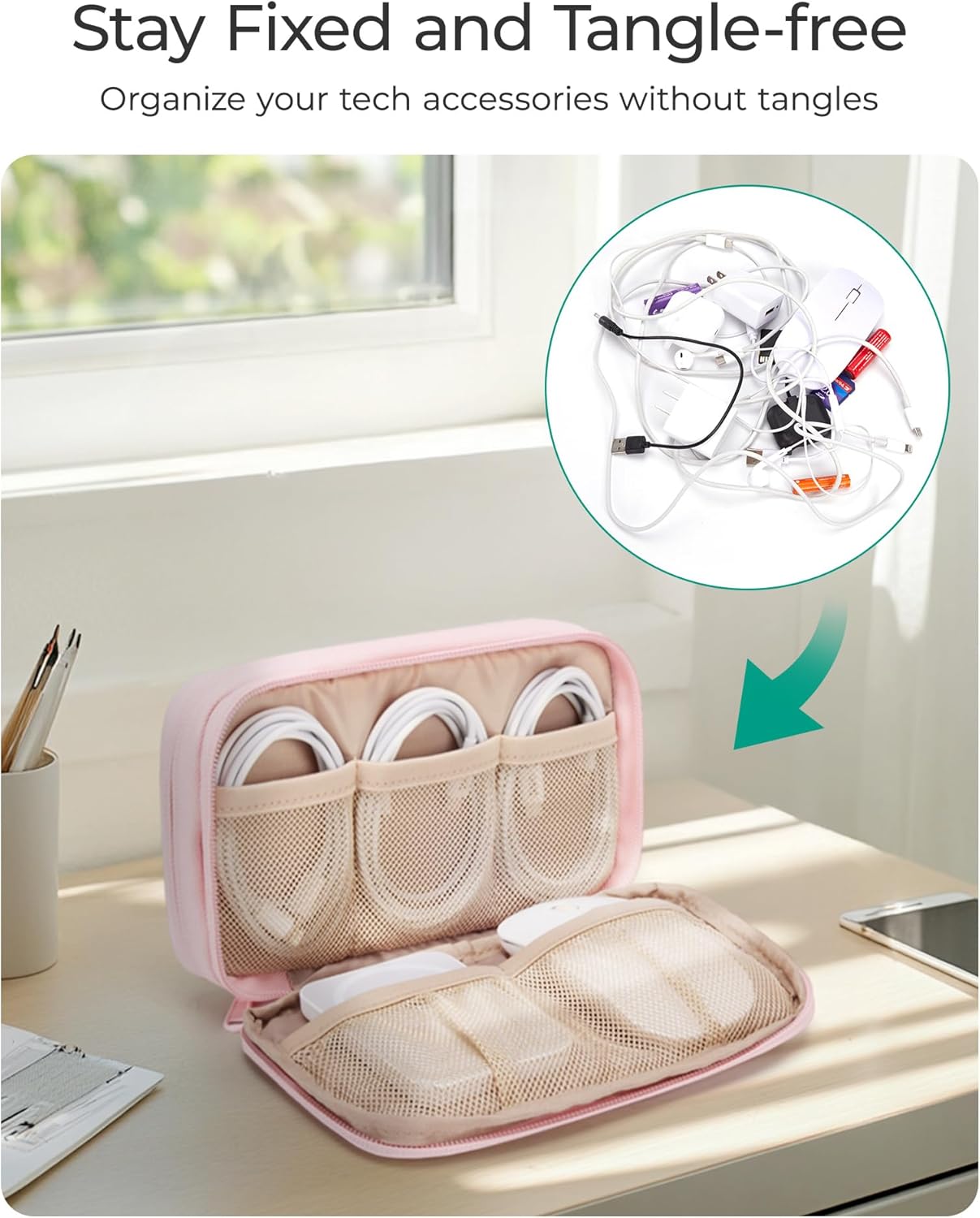 BAGSMART Electronics Organizer Travel Case, Cord Storage for Chargers Cables Phones, Compact Tech Accessories Pouch, Beige - Image 3