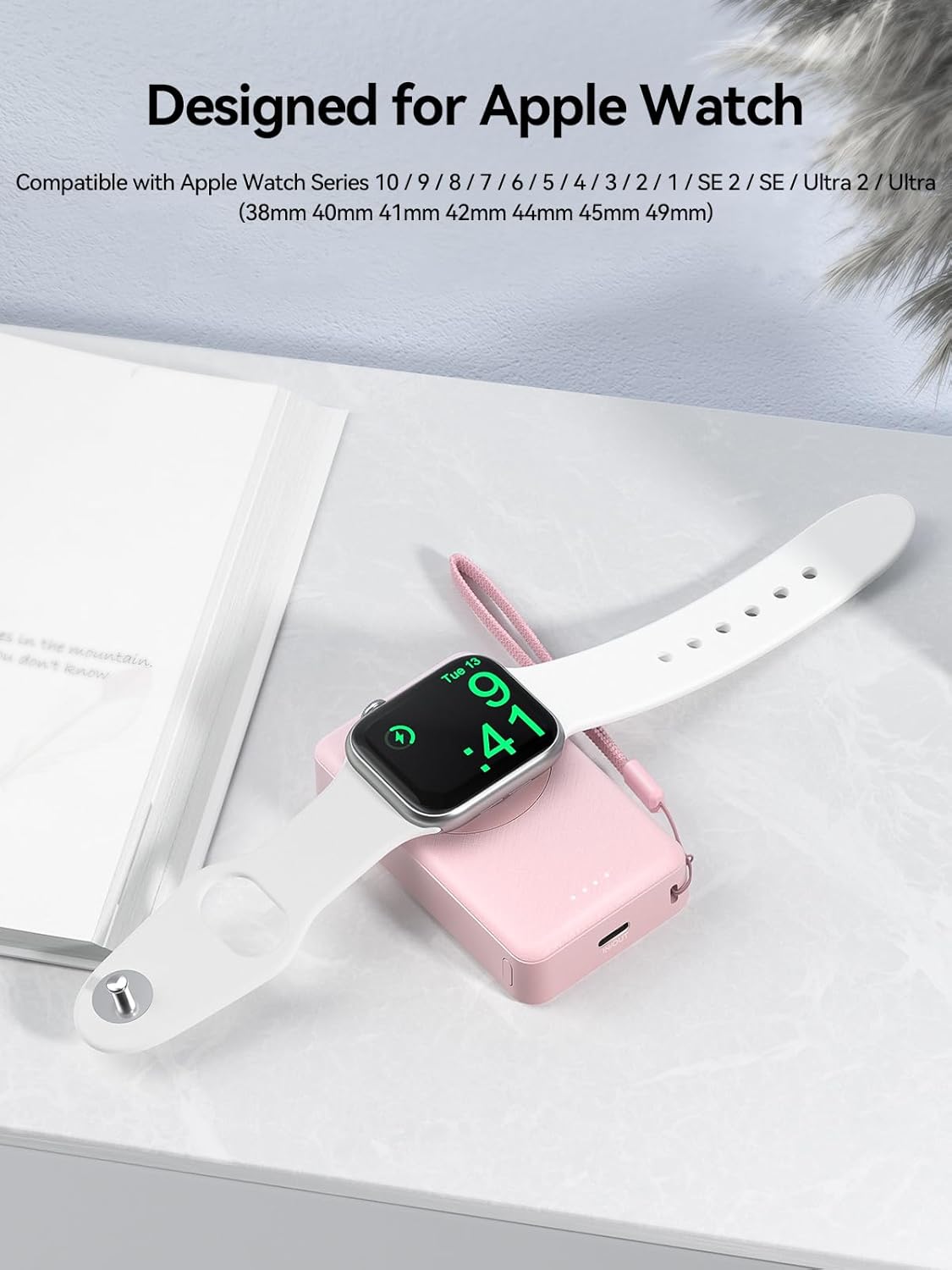 LVFAN Portable Charger for Apple Watch, 4000mAh iWatch Charger Power Bank Wireless Battery Pack Magnetic Travel Smart Watch Charger for Apple Watch Series 10 9 8 7 6 5 4 3 2 1 SE Ultra 2 Ultra (Pink) - Image 2