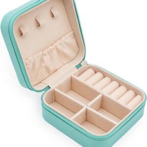 MODENGKONGJIAN Mini Jewelry Travel Case, PU Leather Travel Jewelry Organizer Box, Small Portable Portable Jewellery Storage Holder for Womens Rings Earrings Necklaces Bracelets (Blue)