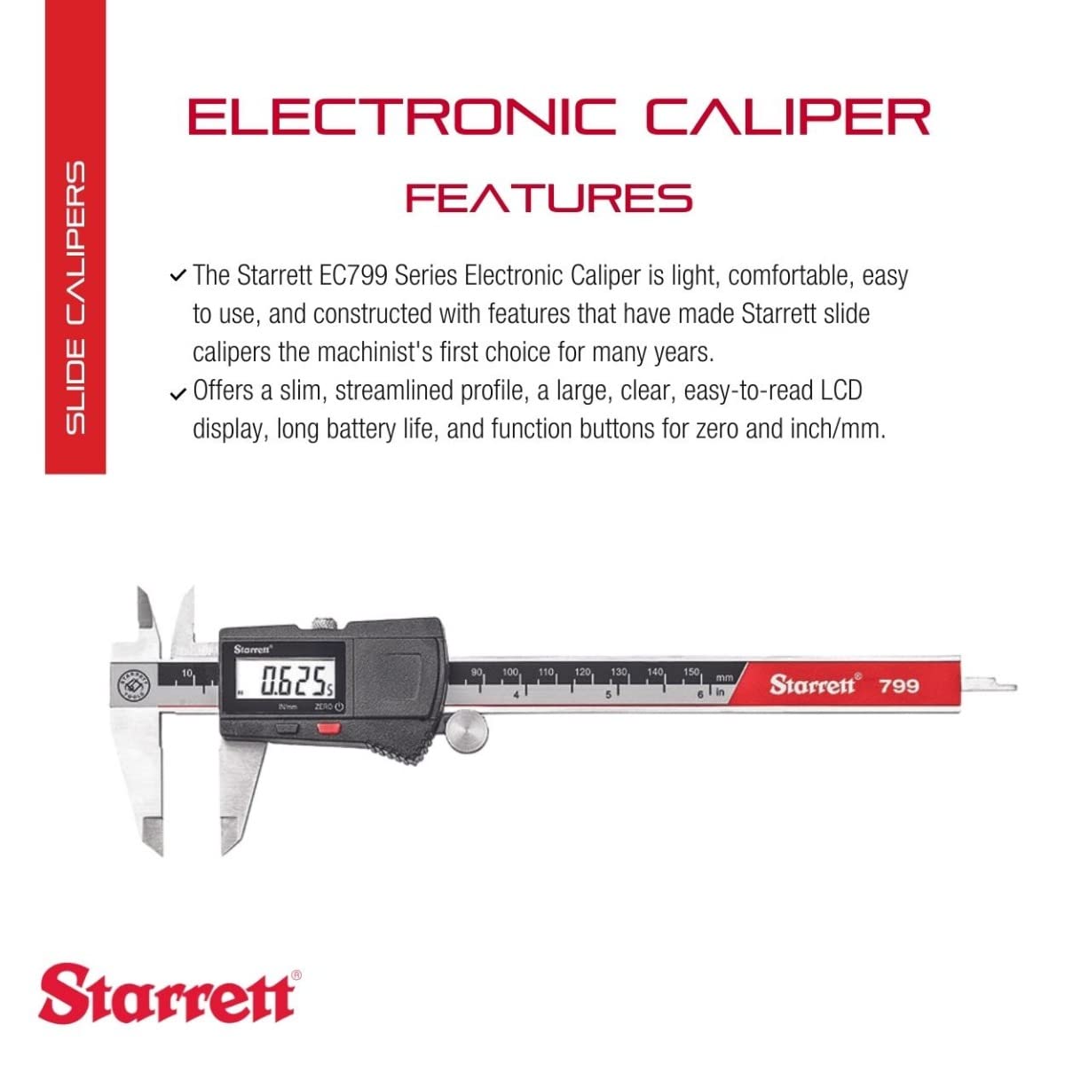Starrett Stainless Steel Electronic Slide Caliper - 0-6" Range, .0005" Resolution, LCD Display, Fine Adjustment Thumb Wheel, in/mm Conversion - EC799A-6/150 - Image 2