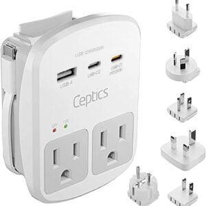 Ceptics 35W Universal Travel Adapter Kit – 2 USA sockets, USB-A, USBC, 1x PD 35W USB-C and USBC Cable, Surge Protected, Plugs for EU, UK, China, AU, Japan - for Laptop, Phone, Camera-ETL Tested