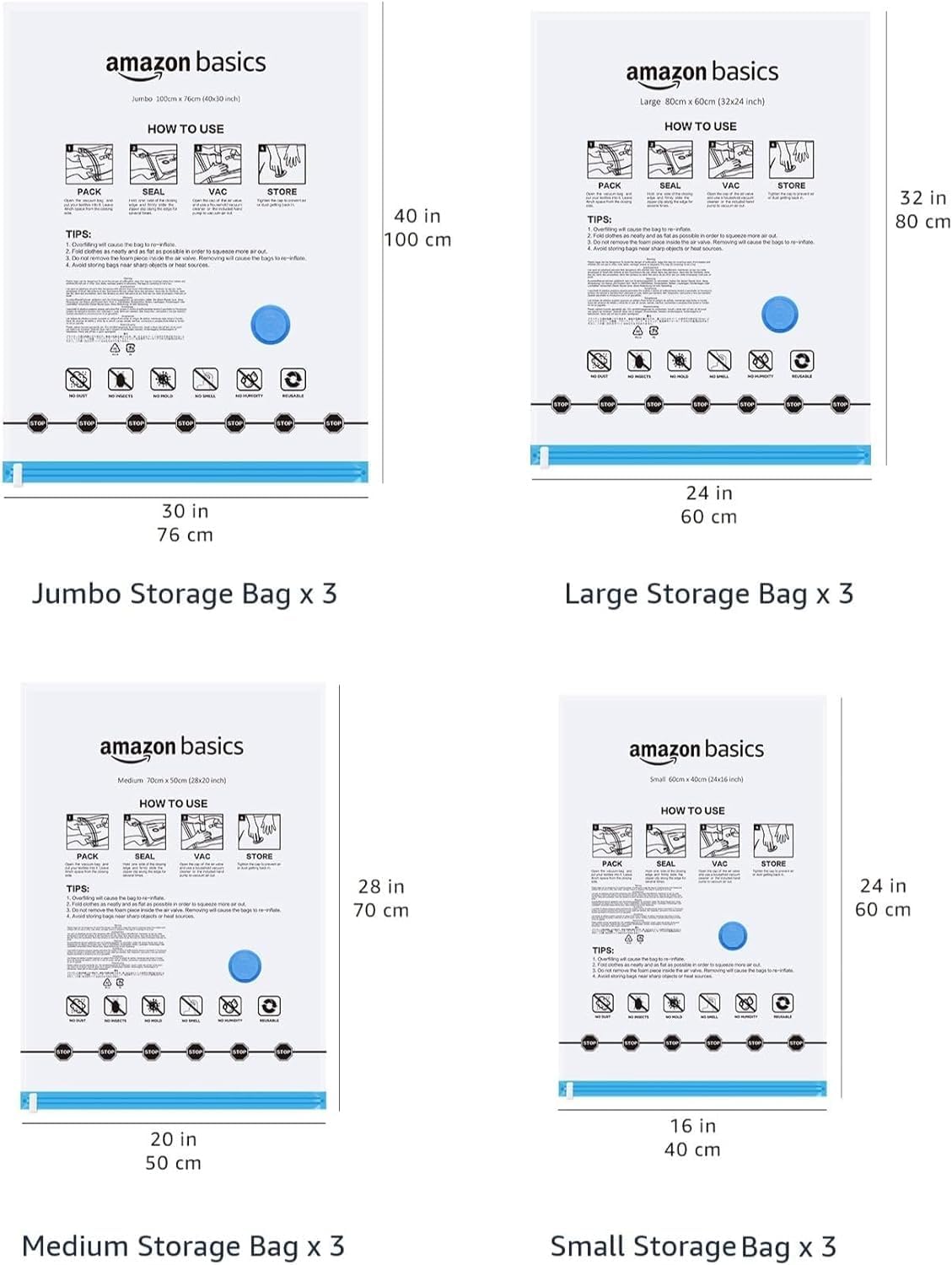 Amazon Basics Vacuum Compression Space Saving Storage Bags with Hand Pump for Travel, Multiple Sizes for Clothes and Blankets, Clear, 12 Pack (3 Small, 3 Medium, 3 Large & 3 Jumbo) - Image 7