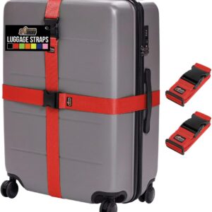 GORILLA GRIP Heavy Duty Adjustable Luggage Straps for Suitcases, Easy to Identify Travel Belt Connector Holds Suitcase Together, Extends Life of Bag, Strap Connects Two Bags, Accessories 2 Pack Red