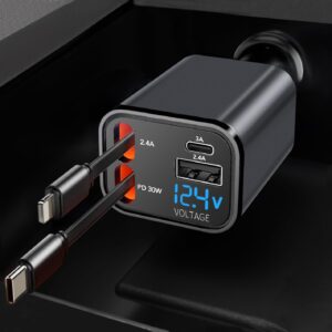Retractable Car Charger, 4 in 1 Fast Car Charging USB c,Road Trip Essentials,Travel Essentials Gifts for Women Men, Car Accessories for iPhone 16 15 14 13 12, Samsung, Black