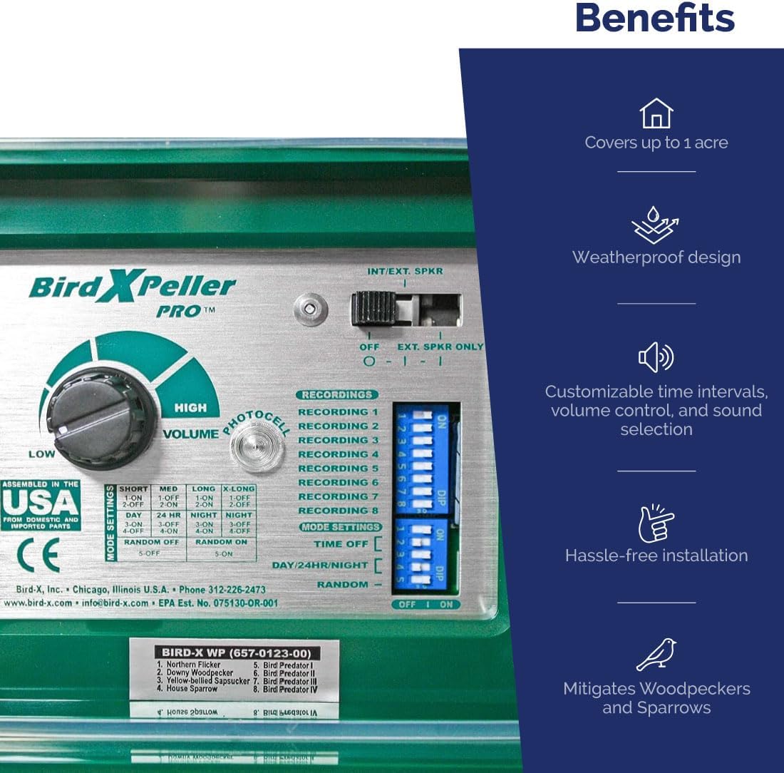 Bird-X Woodpecker PRO Electronic Bird Preventer, Sonic Decoy Device, Perfect for Woodpeckers and Sparrows, Covers up to 1 Acre, 3-5 kHz Frequency, 6" x 8.5" x 4" - Image 5