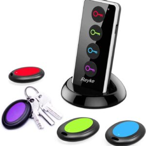 Reyke Key Finder, 80dB+ RF Item Locator Tags with 131ft. Working Range, Wireless Remote Tracker for Wallet, Phone, Glasses, Pet, 1 RF Transmitter & 4 Receivers