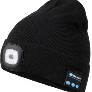 Wmcaps Bluetooth Beanie with a Light, Unisex USB Rechargeable 4 LED Fashlight Hat with Cordless Headphones, Unique Christmas Birthday Gifts for Men Him Husband Teen Black