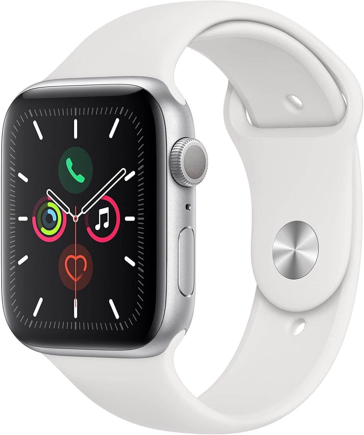 Apple Watch Series 5 (GPS, 44MM) - Silver Aluminum Case with White Sport Band (Renewed)