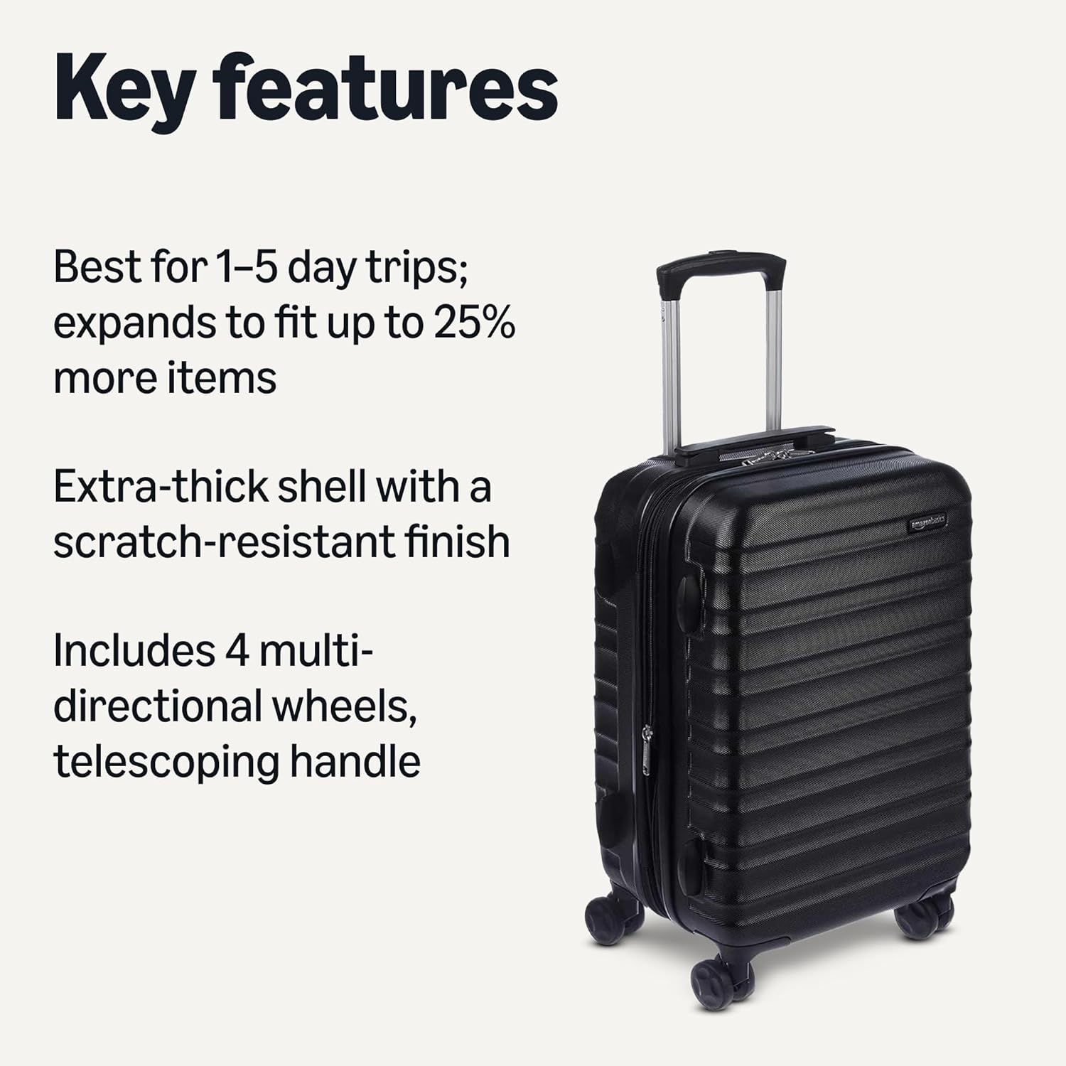 Amazon Basics 21" Hardside Carry-On Luggage, Hardshell Suitcase With Wheels, Expandable For Up to 25% More Space, With Scratch-Resistant Surface, Four Multi-directional Wheels, Black - Image 2