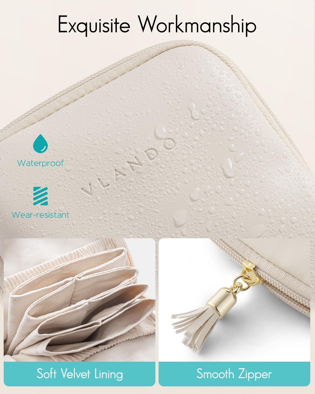 Vlando Small Travel Jewelry Case,Travel Gifts for Women,Jewelry Pouch Bags with Zipper,Velvet Jewelry Organizer Storage Bag for Bracelet Rings Earring-Cream White - Image 4