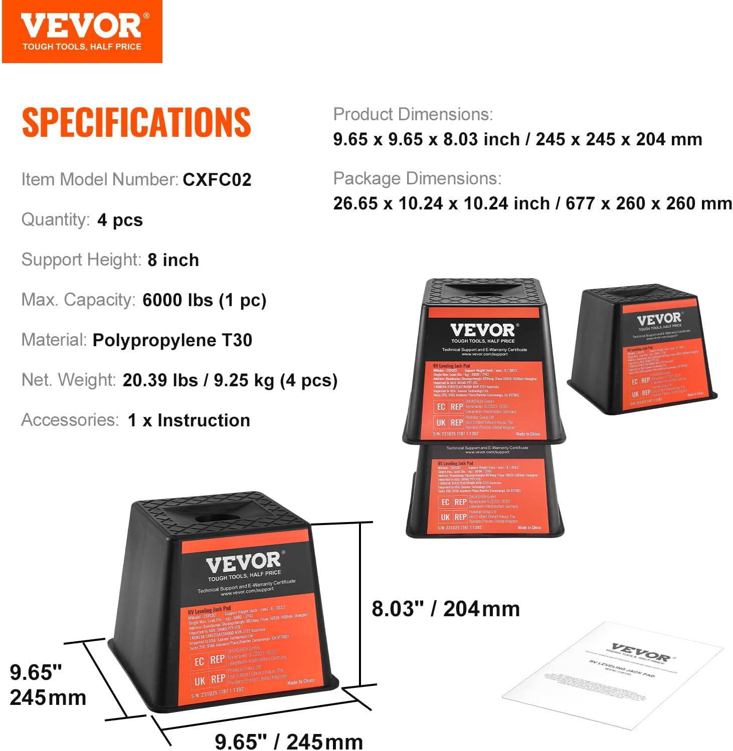VEVOR Trailer Jack Block, 6000 lbs Capacity per RV Leveling Block, Polypropylene RV Camper Stabilizer Blocks, RV Travel Accessories Use for Any Tongue Jack, Post, Foot, 5th Wheels, 4-Pack - Image 7