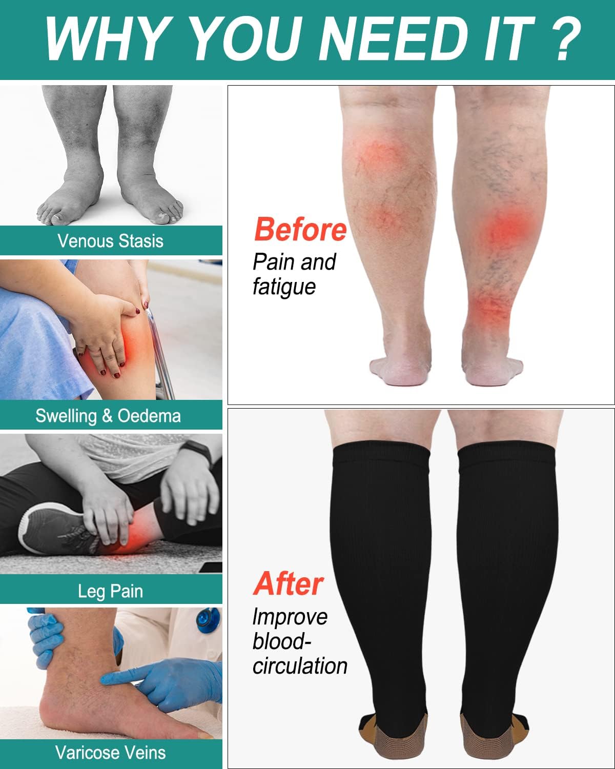 Aoliks Compression Socks for Women & Men Wide Calf, Plus Size Extra Large Knee High Support Socks - Image 2