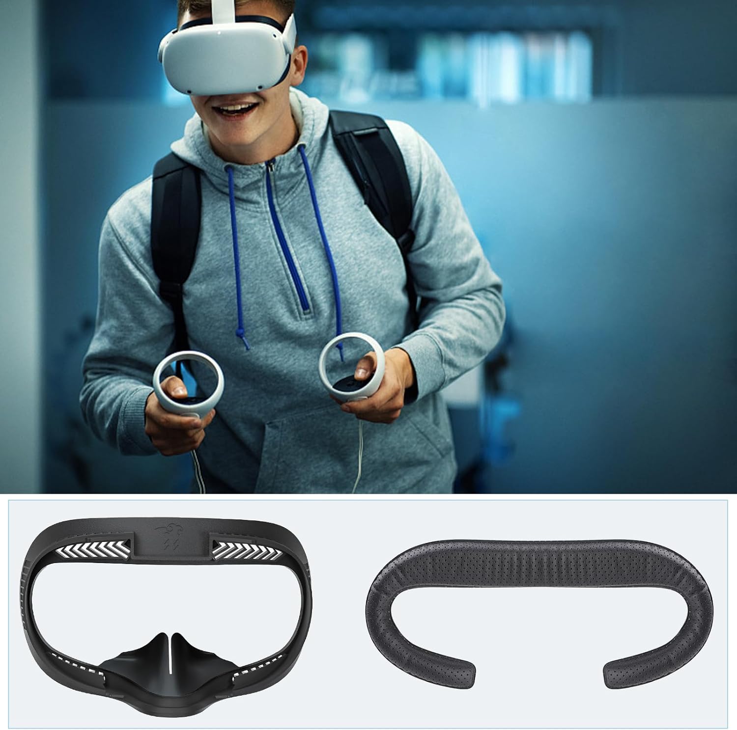 VR Facial Interface & Face Pad for Oculus Quest 2, VR Face Cover Cushion Replacement Compatible with Quest 2,Breathable Holes Leather Protective VR Accessories - Image 7