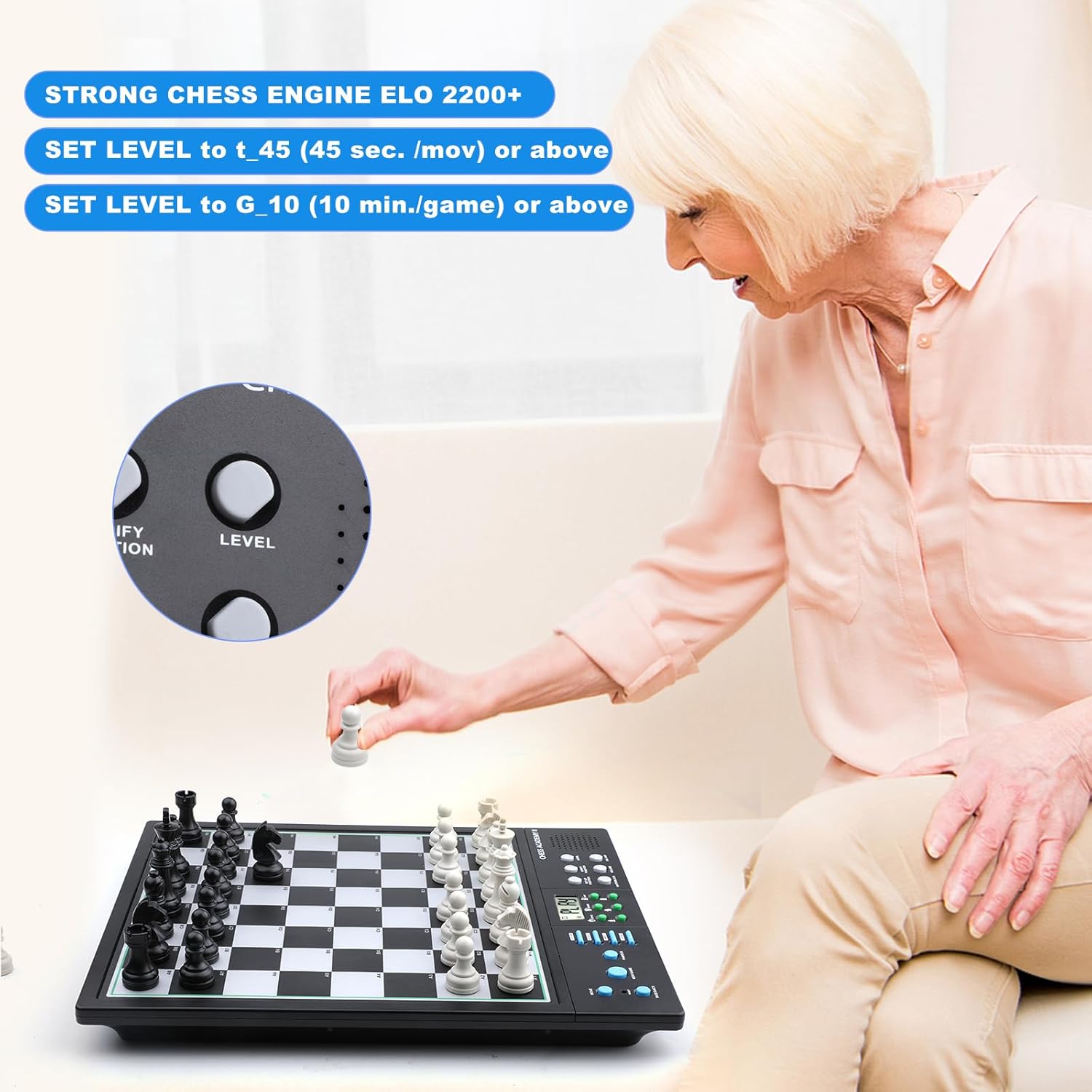 LC2B Advanced Electronic Chess Set with ELO 2200+ Engine & Talking AI Tutor, Comfortable Size Electronic Chess Board Perfect for Chess Lovers, Smart Computer Chess Game Set with Strong Magnet(Black) - Image 7