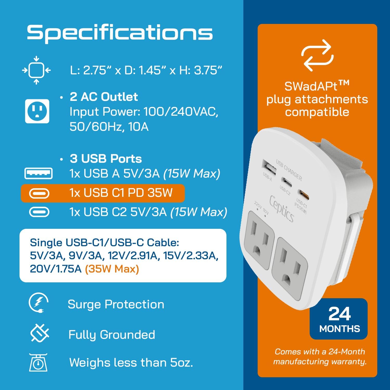 Ceptics 35W Universal Travel Adapter Kit – 2 USA sockets, USB-A, USBC, 1x PD 35W USB-C and USBC Cable, Surge Protected, Plugs for EU, UK, China, AU, Japan - for Laptop, Phone, Camera-ETL Tested - Image 4