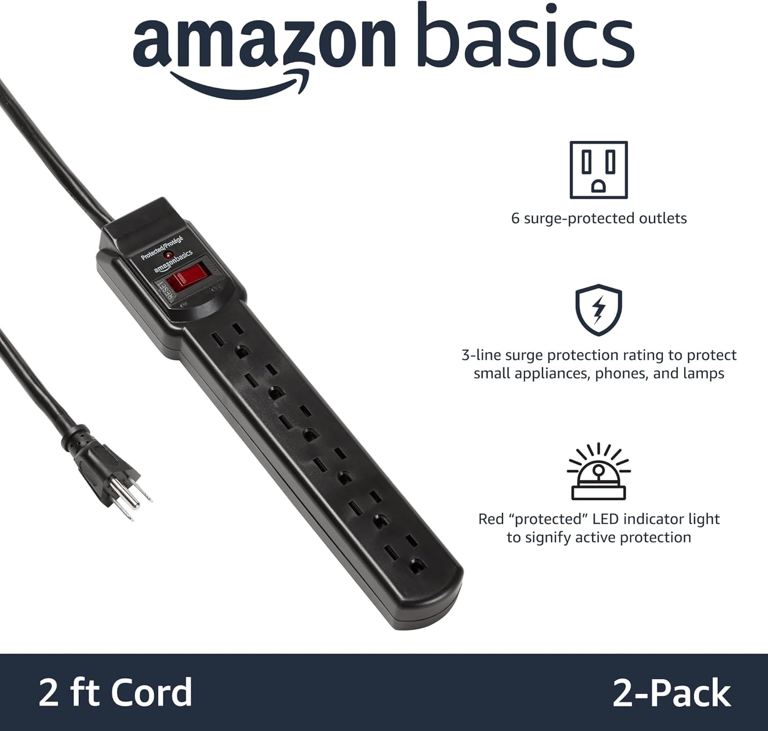 Amazon Basics Surge Protector Power Strip, 6-Outlet with 200J Protection, 2ft Extension Cord, Rectangle, Black (2 Pack) - Image 2