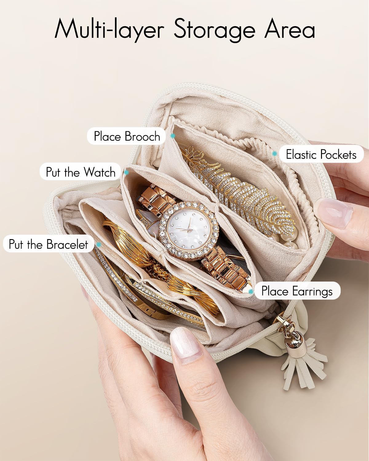 Vlando Small Travel Jewelry Case,Travel Gifts for Women,Jewelry Pouch Bags with Zipper,Velvet Jewelry Organizer Storage Bag for Bracelet Rings Earring-Cream White - Image 3