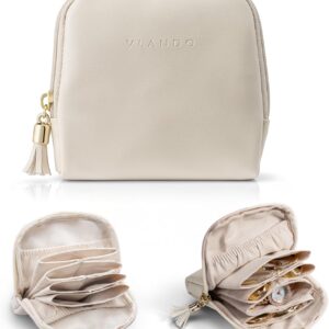 Vlando Small Travel Jewelry Case,Travel Gifts for Women,Jewelry Pouch Bags with Zipper,Velvet Jewelry Organizer Storage Bag for Bracelet Rings Earring-Cream White