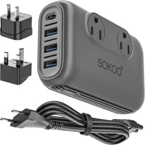 SOKOO 220v to 110v Voltage Converter, International Universal Travel Adapter, 4 USB Ports (1 USB C) Step Down Power Converter Adapter Combo with UK/AU/US/EU Plug Adapter