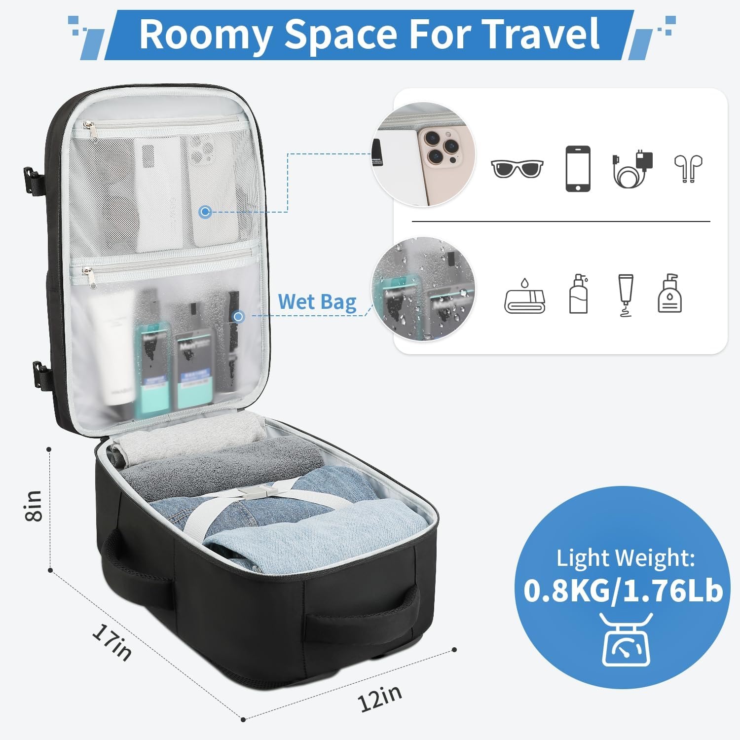 ZOMFELT Travel Backpack for Women Men, Carry on Backpack, TSA 15.6 inch Laptop Backpack Flight Approved, Personal Item Travel Bag Nurse Bag Casual Daypack for Weekender Business Trip, Black - Image 3