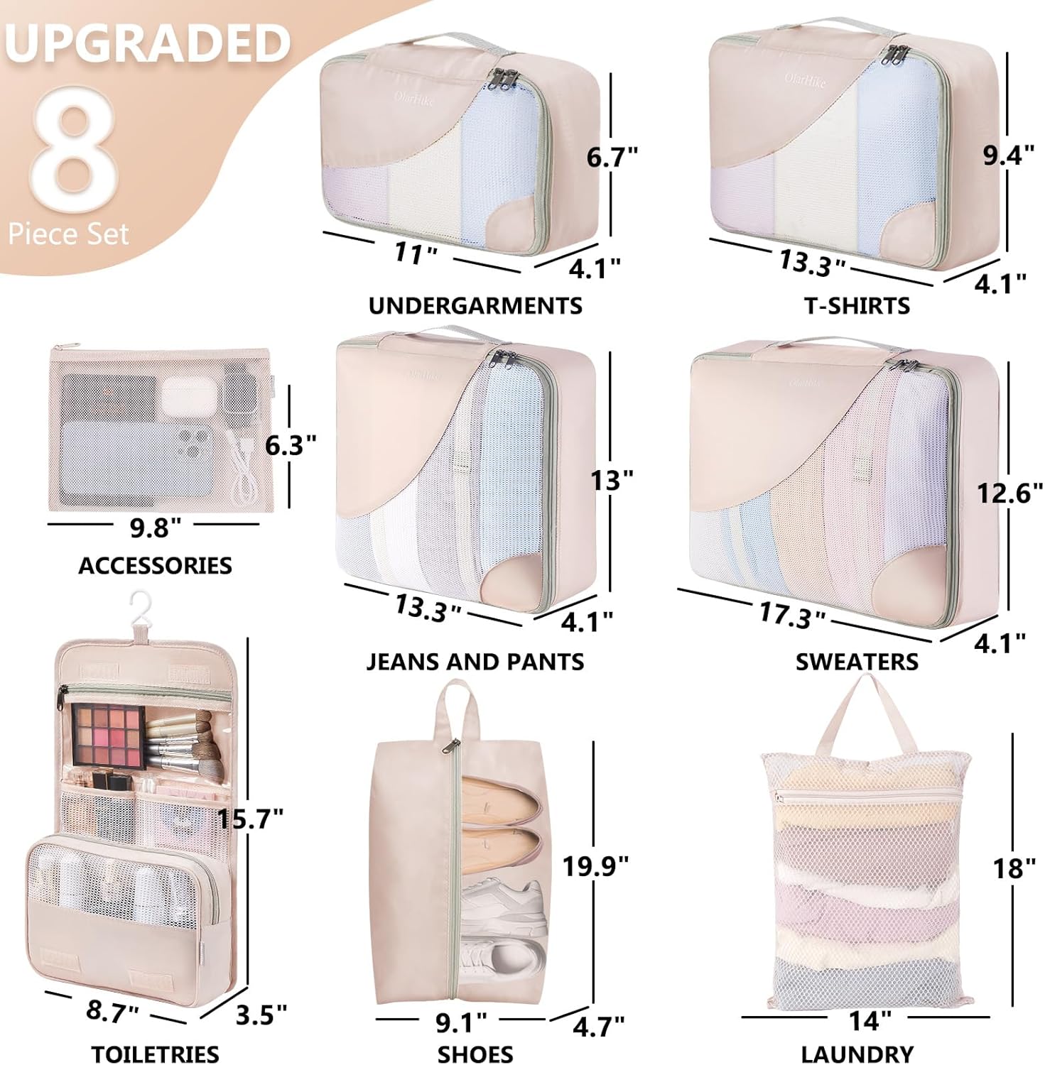 10 Set/8 Set Packing Cubes for Travel, Gifts for Women Mom,Anti-Tearing Suitcase Organizer for Luggage with Shoe & Hanging Toiletry Bag,OlarHike Vacation Essentials & Accessories for Cruise Ship,Cream - Image 2