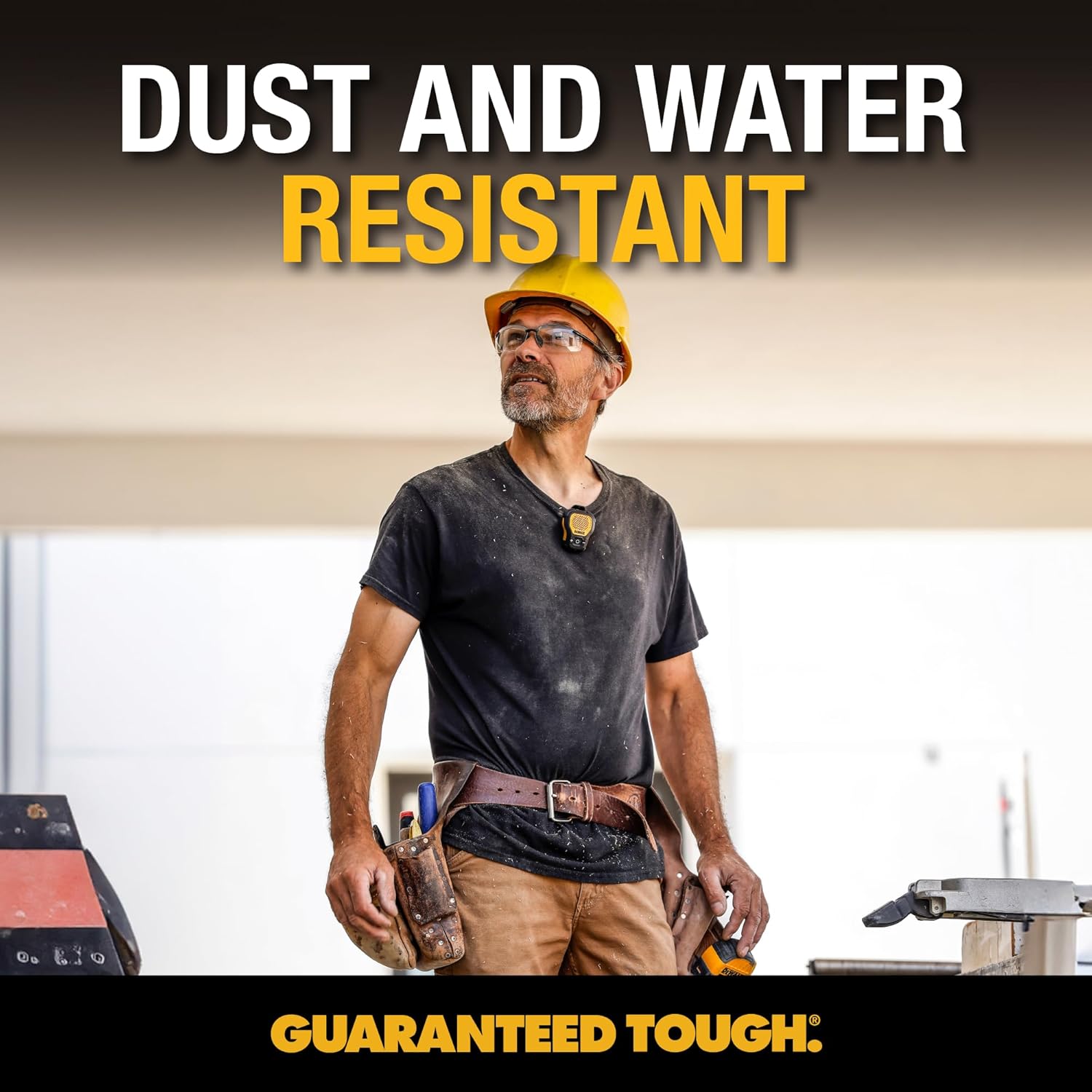 DEWALT Wearable Bluetooth Speaker (Updated Version), Clip-On Wireless Jobsite Pro Water-Resistant Portable Speaker (Non-Magnetic), Built-in Mic for Hands-Free Music/Calls, Bluetooth Speaker (Yellow) - Image 7