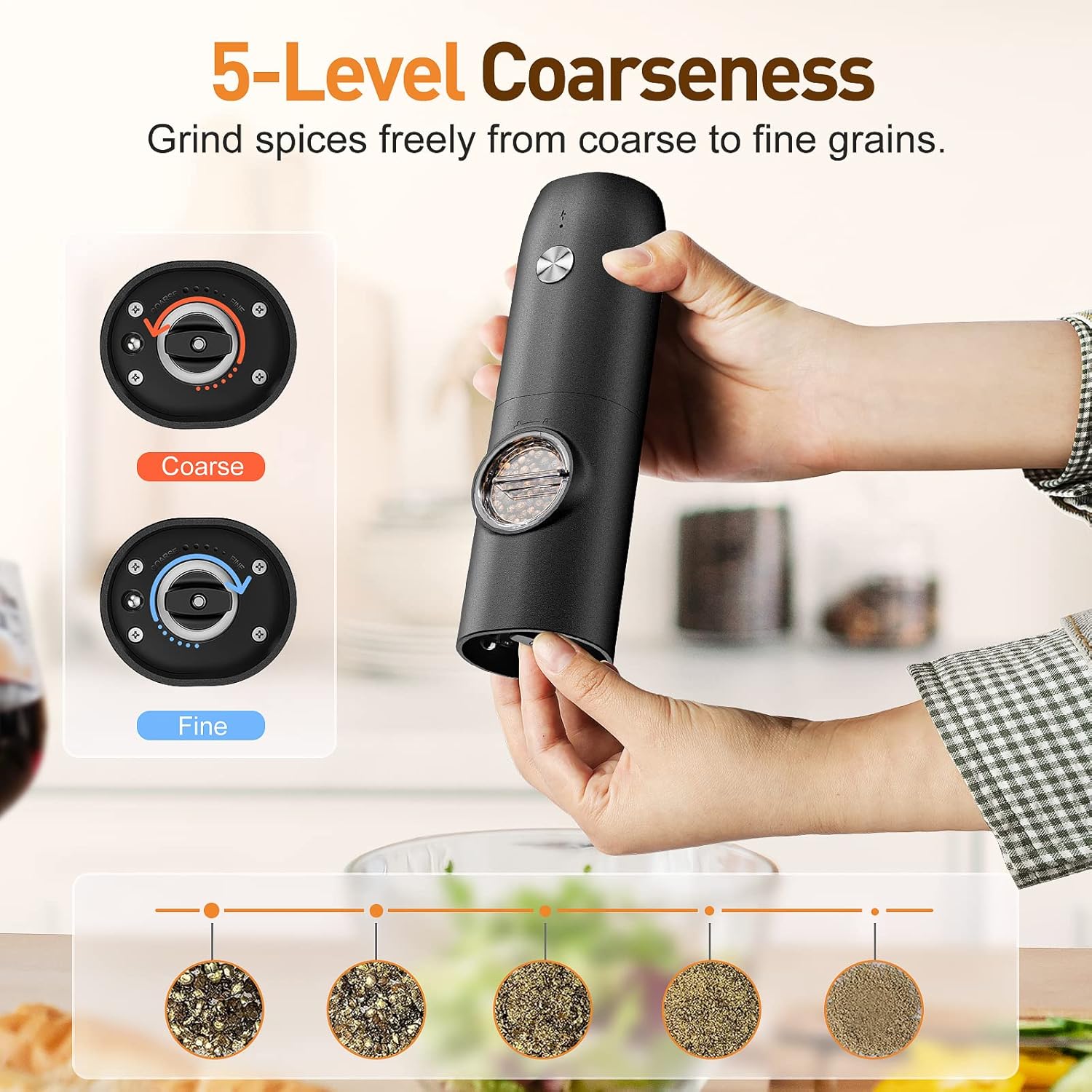 Electric Salt and Pepper Grinder Set-Rechargeable Automatic Pepper Mill Grinder with LED Christmas Gifts for Women, USB Adjustable Coarseness shakers, One-Hand Operation for Kitchen Gadgets - Image 4