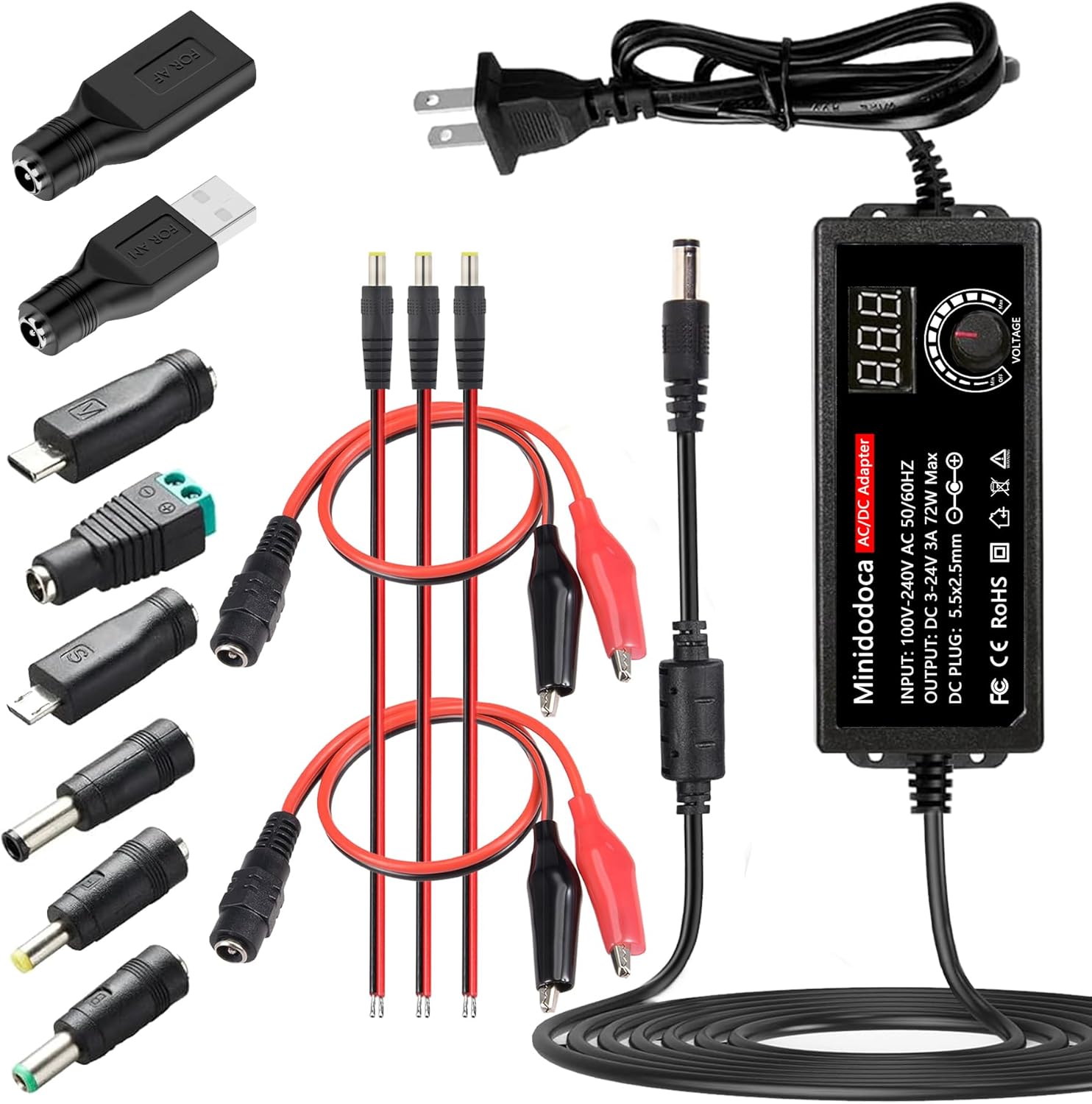 72W Power Supply Adjustable DC 3V ~ 24V Variable Universal Switching AC/DC Adapter Minidodoca AC to DC Converter with LED Voltage Display and 13 Tips, for 3V to 24V Household Electronics - 3000mA Max