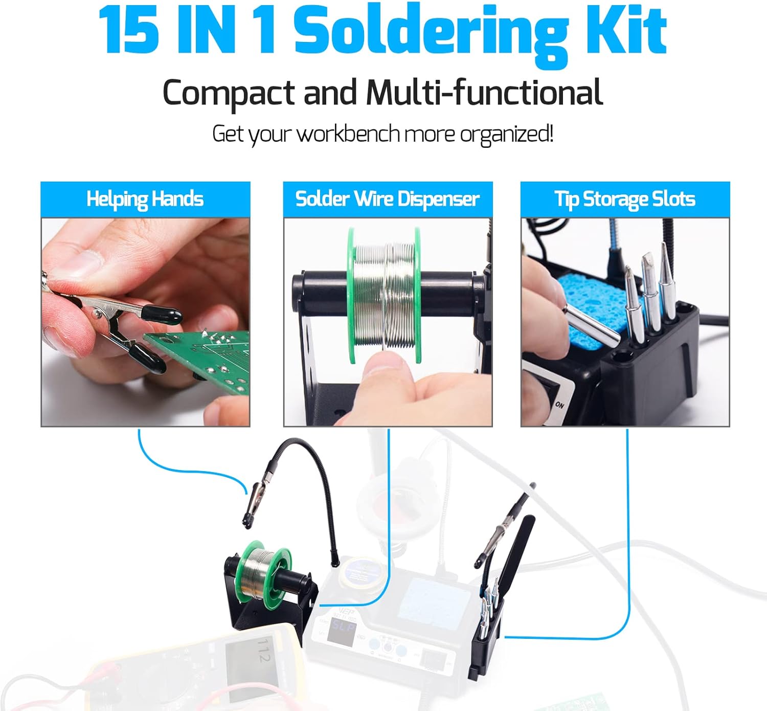 WEP 927-IV Soldering Station Kit High-Power 110W with 3 Preset Channels, Sleep Mode, LED Magnifier, 5 Extra Iron Tips, Tip Cleaner, 2 Helping Hands, Tip Storage Slots, Lead-free Solder Wire, Tweezers - Image 5