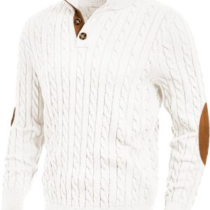 JMIERR Men's Cable Knit Pullover Sweater Casual Long Sleeve Stand Collar Button Knitted Sweaters