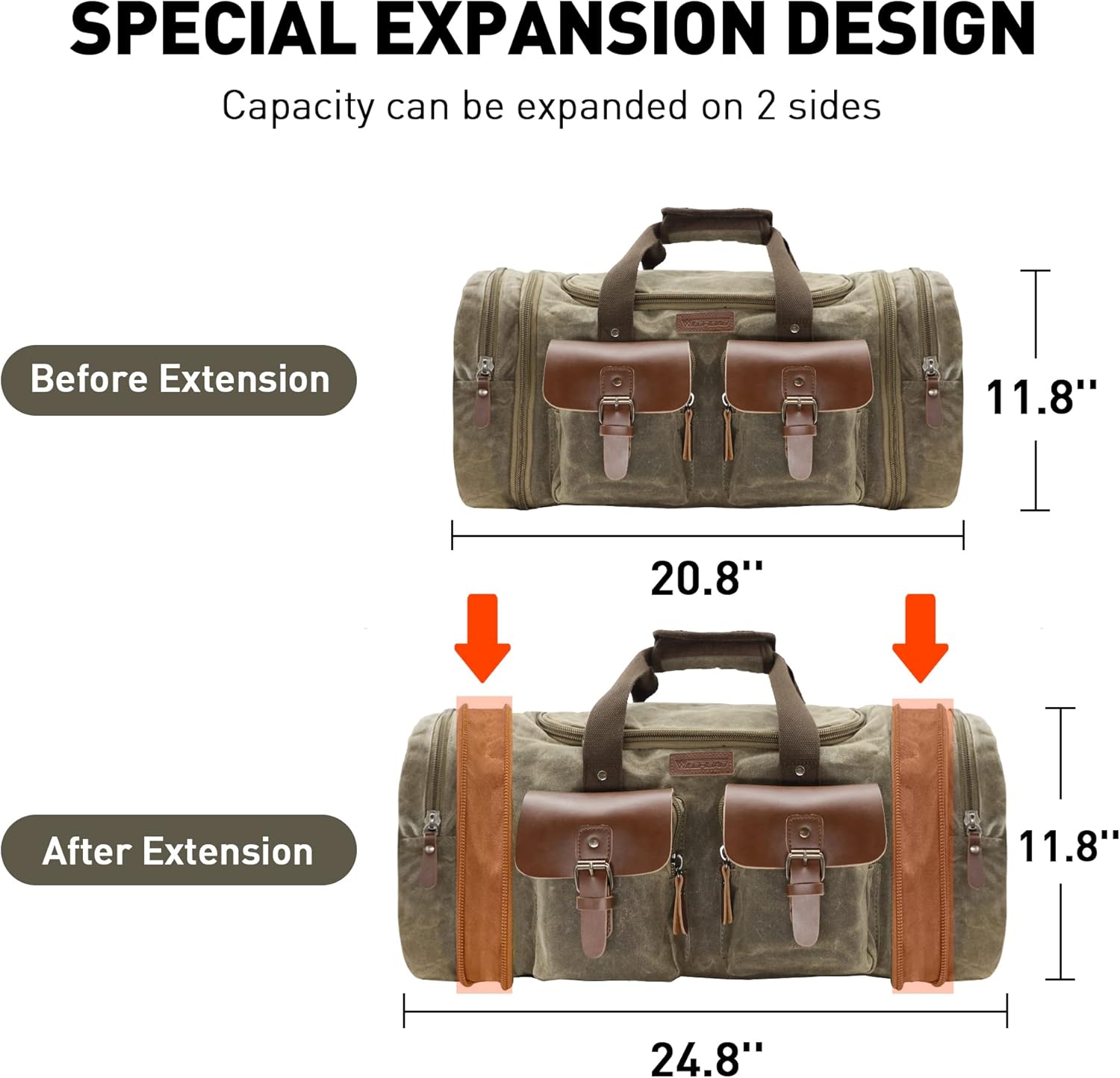 Wildroad Waxed Canvas Duffle Bag - 50L Waterproof Weekender Overnight Travel Bag - Image 7