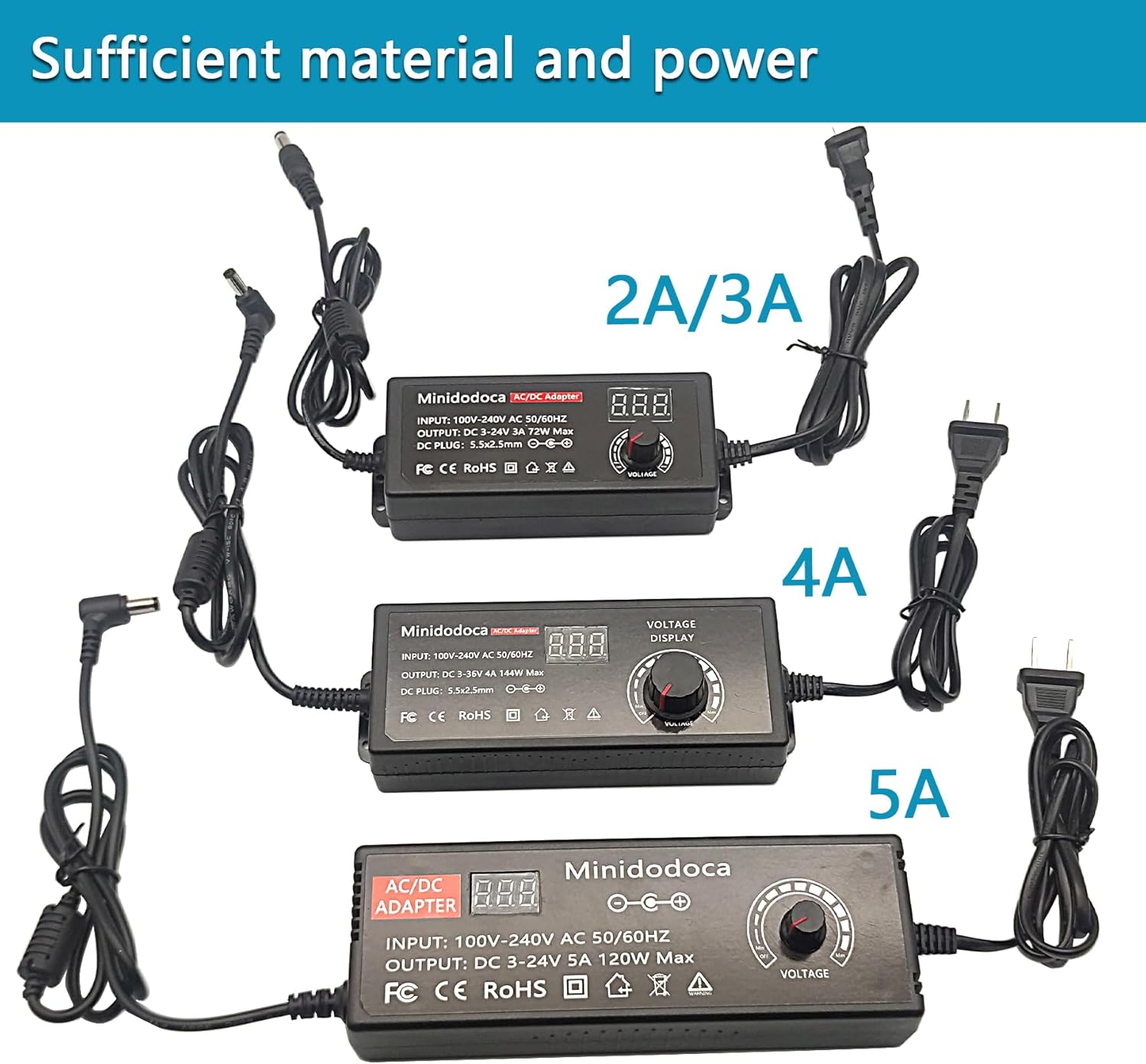72W Power Supply Adjustable DC 3V ~ 24V Variable Universal Switching AC/DC Adapter Minidodoca AC to DC Converter with LED Voltage Display and 13 Tips, for 3V to 24V Household Electronics - 3000mA Max - Image 8