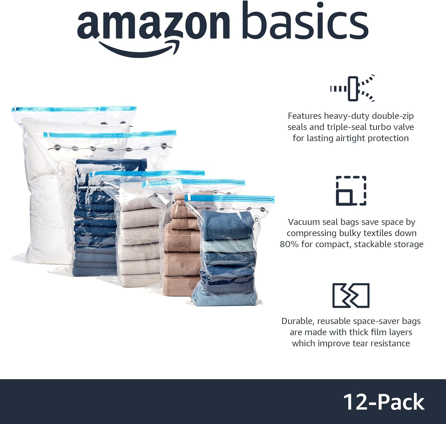 Amazon Basics Vacuum Compression Space Saving Storage Bags with Hand Pump for Travel, Multiple Sizes for Clothes and Blankets, Clear, 12 Pack (3 Small, 3 Medium, 3 Large & 3 Jumbo) - Image 2
