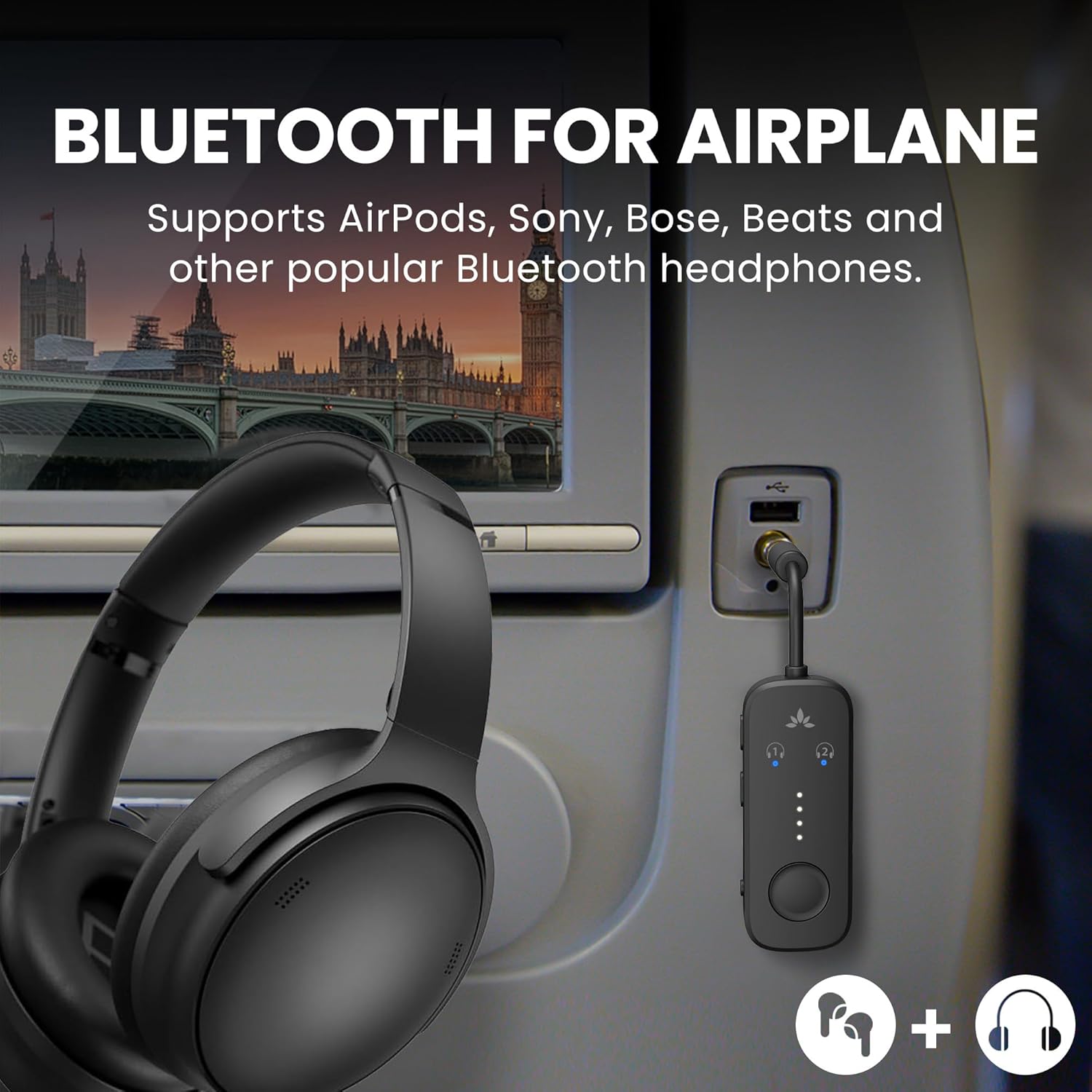 Avantree Relay - Premium Airplane Bluetooth Adapter with Advanced Qualcomm Chipset, 2 Headphones Support, 25hrs Play Time, aptX Adaptive & HD Audio Transmitter for Airpods, Bose & Travel Flight - Image 2