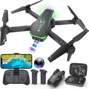 Drone with 1080P Camera for Beginners and Adults, Foldable Remote Control Quadcopter with Voice Control, Gestures Selfie, Altitude Hold, One Key Start, 3D Flips, 2 Batteries, Toy for Beginners