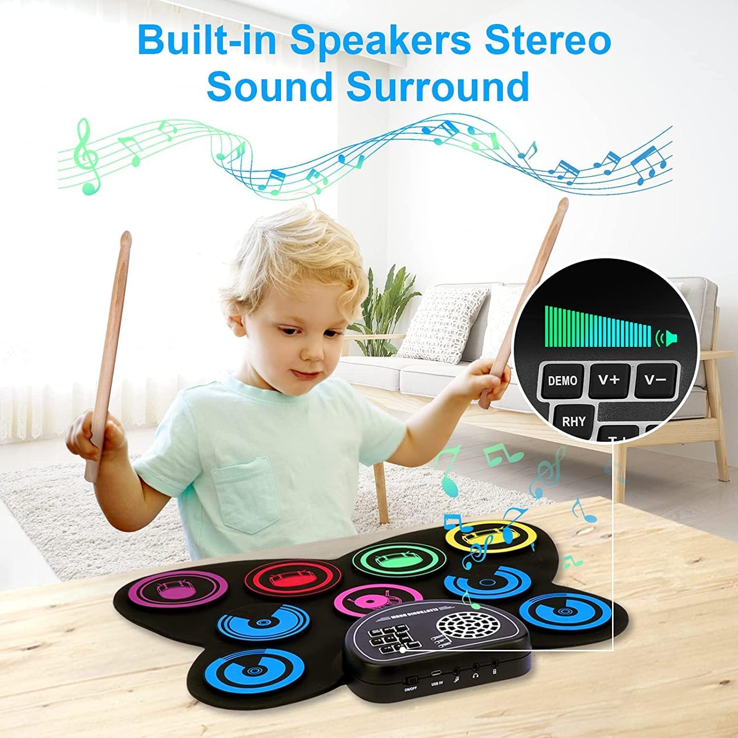 9-Pads Electronic Drum Set with Headphone Jack Speaker Drumsticks & Pedals, Holiday Gifts for Kids - Image 3